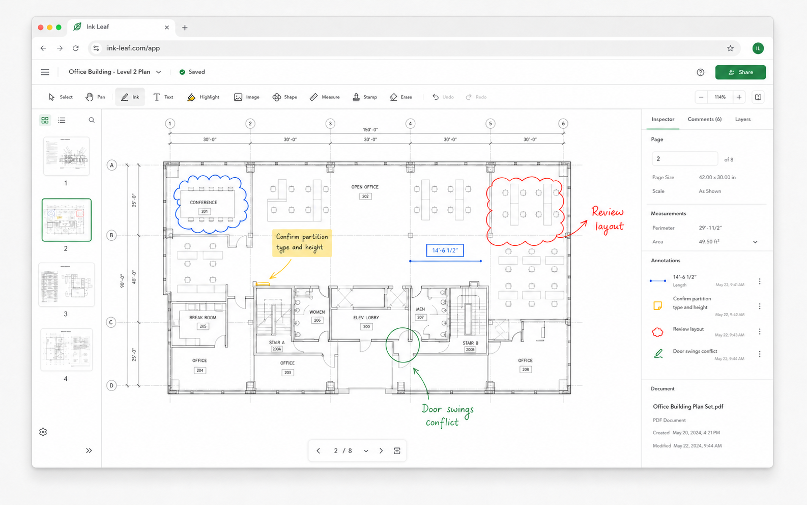 Ink Leaf being used to annotate a PDF plan